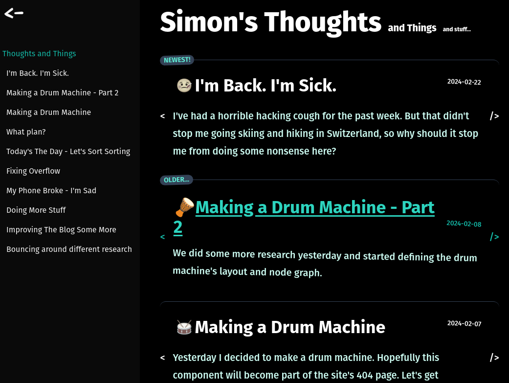 The sidebar looks much the same, but there are now dividers between articles, and badge styled headings for newest and older articles