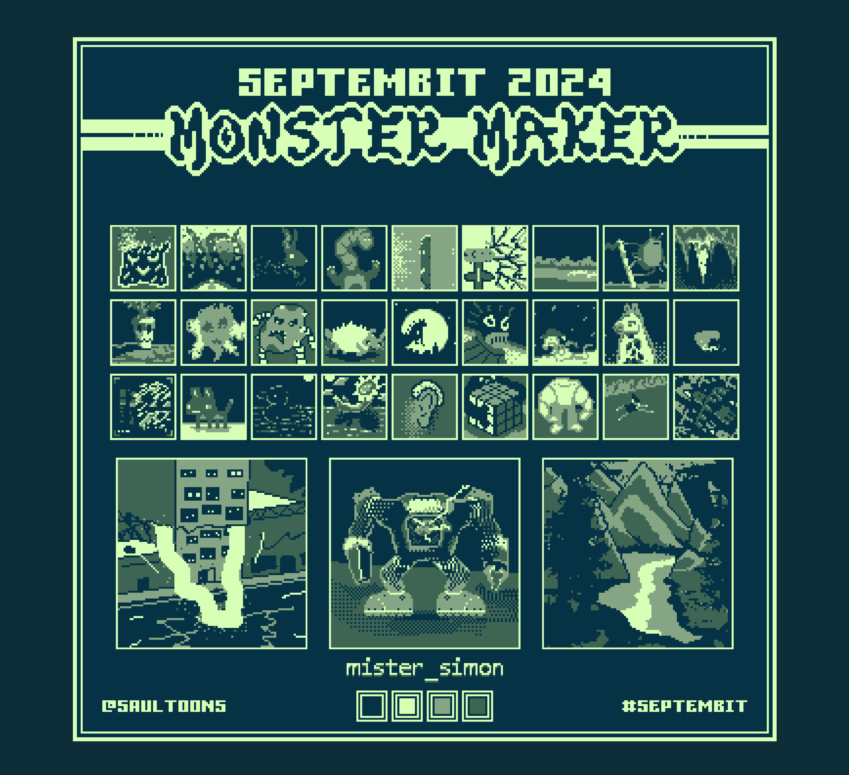 A four colour pixel artwork, with 27 smaller canvases and 3 larger ones, with the heading Monster Maker above it all